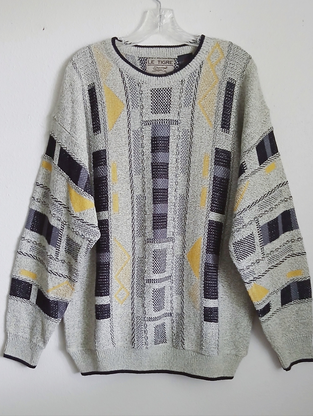 Le Tigre Gray and Yellow Crewneck Sweater with Geometric Design Grandpa Core